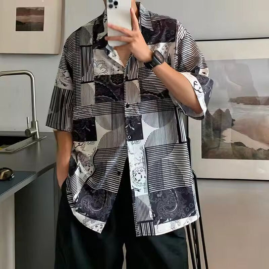 Summer Retro Artistic Hong Kong Style Casual Loose Oversized Lapel Striped Plaid Print Versatile Short Sleeved Shirt for Men